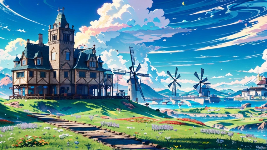  (masterpiece:1.2), best quality,UE5,scenery, cloud, sky, outdoors, day, architecture, cloudy sky, building, fantasy, stairs, city, blue sky, Anime,grass mountain, door,grassland, castle, one house, chimney, windmill,no humans, blue archive