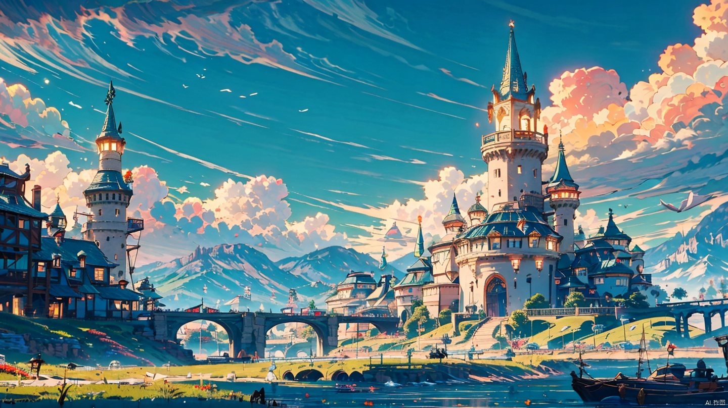  (masterpiece:1.2), best quality,UE5,scenery, cloud, sky, outdoors, day, architecture, cloudy sky, building, fantasy, stairs, city, blue sky, Anime,grass mountain, door,grassland, castle, one house, chimney, windmill,no humans