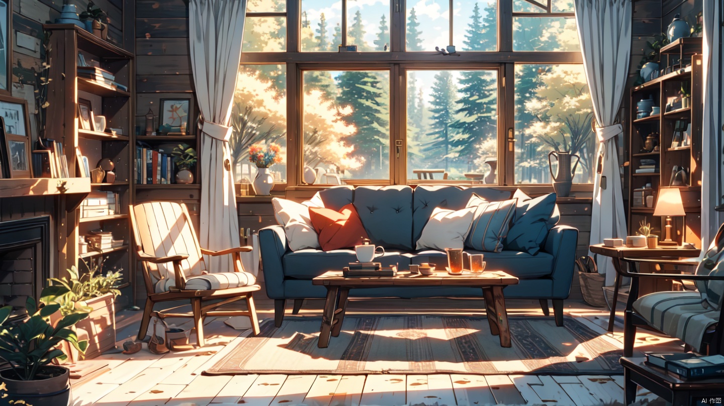  cozy animation scenes,fantasy,(Victoria:1.2),no humans, indoors,Middle Ages,classical,living room,

Stone fireplace,curtains,window,door,log cabin,Wooden bookshelf,Wooden chair,Wooden tea table,Wooden wall,1 pendant,