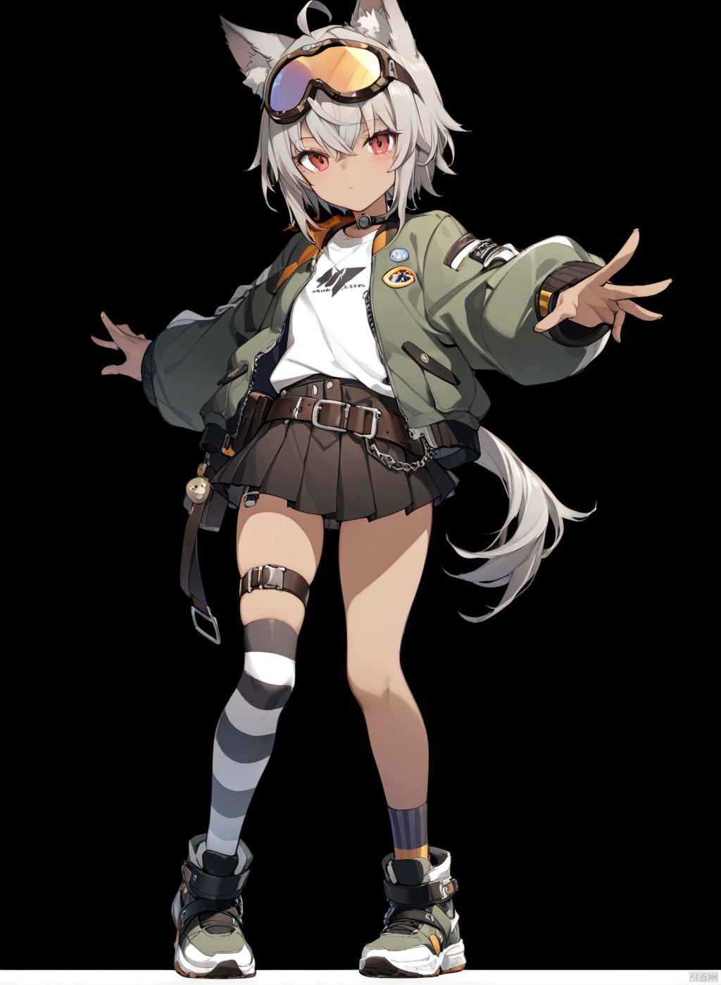  solo, (front view:1.2),shota,masterpiece, best quality,(standing:1.15)
,full body,pose,simple_background, black_background,

,androgynous,round_face,(brown_skin:1.5),,
red eyes,(cool:1.1),cool,

,wolf ears,
gray hair,(short hair with long locks:1.1),sidelocks,ahoge,
short hair,

leg belt,hair_pin,bow, big Zipper head,big Screw, leather goggles,goggles on head,

sneakers,Pleated skirt,belt,Striped stockings,

white shirt,big flight jacket, anime