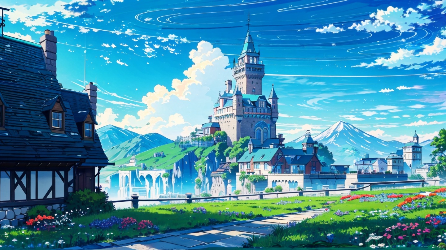  (masterpiece:1.2), best quality,UE5,scenery, cloud, sky, outdoors, day, architecture, cloudy sky, building, fantasy, stairs, city, blue sky, Anime,grass mountain, door,grassland, castle, one house, chimney, windmill,no humans, blue archive