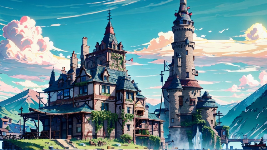  (masterpiece:1.2), best quality,UE5,scenery, cloud, sky, outdoors, day, architecture, cloudy sky, building, fantasy, stairs, city, blue sky, Anime,grass mountain, door,grassland, castle, one house, chimney, windmill,no humans