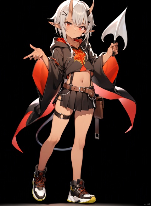  solo, (front view:1.2),shota,masterpiece, best quality,(standing:1),full body,pose,simple_background,black_background,

,elf,androgynous,round_face,(brown_skin:1.5),navel,
red eyes,

,devil tail,oni,skin-covered horns,dragon_horns,holster,

gray hair,short hair with long locks,sidelocks,

leg belt,bow,hair_pin,Suspender pants,bow,
sneakers,Pleated skirt,belt,big sleeves,black no sleeve Hoodies,(Individual sleeve:1.1),chinese clothes sleeve,
