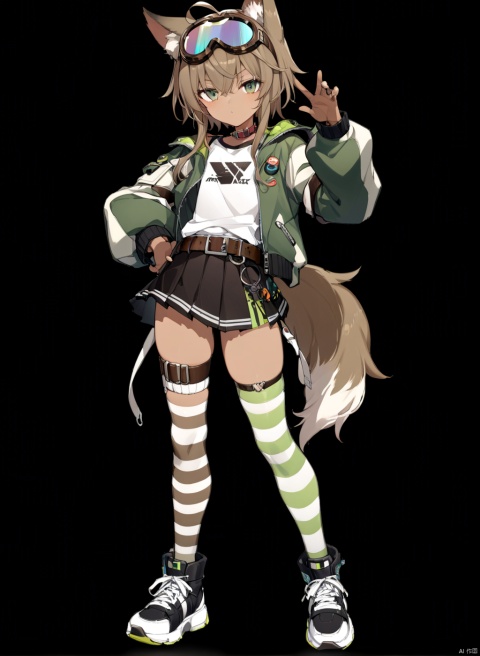  solo, (front view:1.2),shota,masterpiece, best quality,(standing:1.15)
,full body,pose,simple_background, black_background,

,androgynous,round_face,(brown_skin:1.5),,
eyes,(cool:1.1),cool,

,wolf ears,
hair,(short hair with long locks:1.1),sidelocks,ahoge,
short hair,

leg belt,hair_pin,bow, big Zipper head,big Screw, leather goggles,goggles on head,gloves,

sneakers,Pleated skirt,belt,Striped stockings,

white shirt,big green flight jacket, anime,