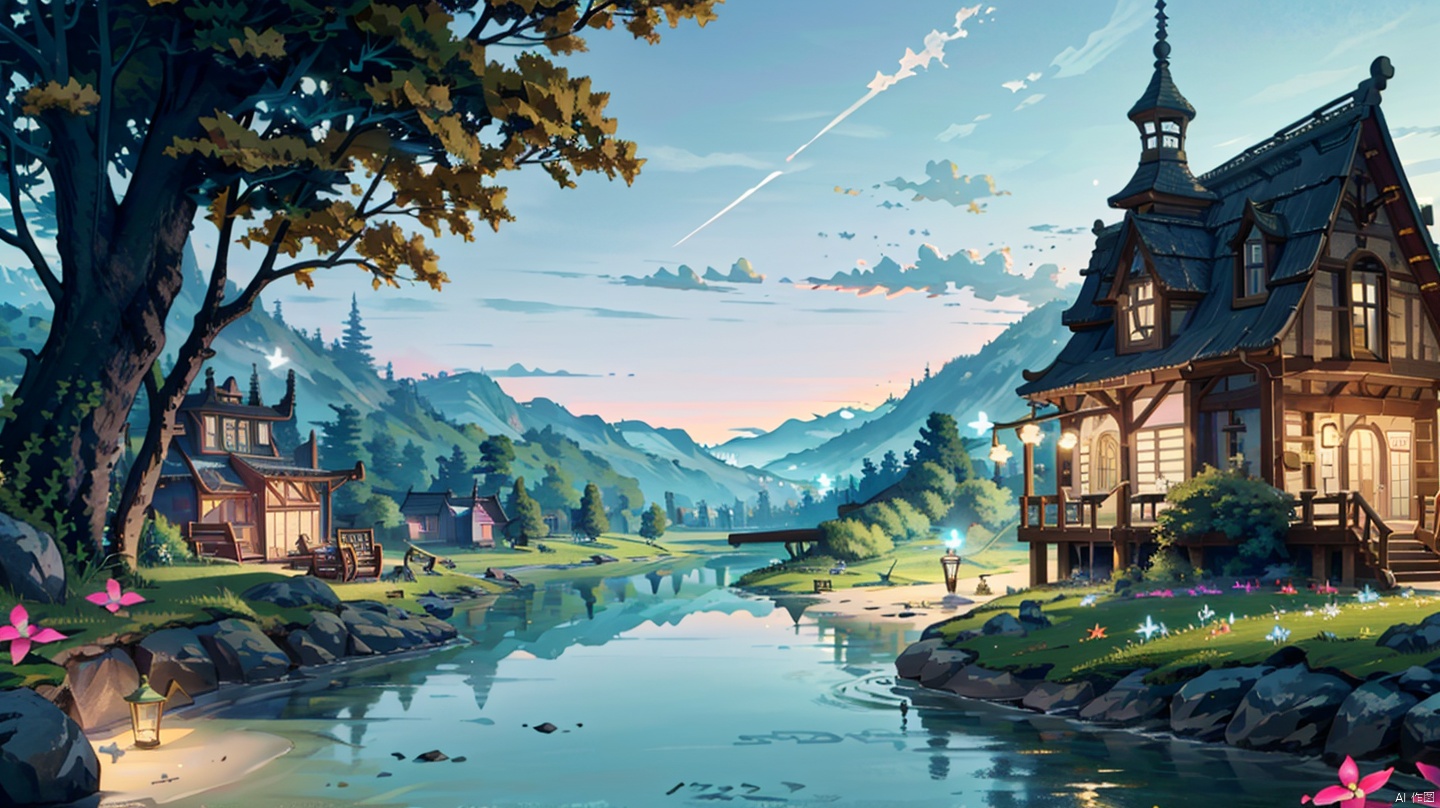  (((masterpiece))), ((extremely detailed CG unity 8k wallpaper)), best quality, high resolution illustration, Amazing, highres, intricate detail, (best illumination, best shadow, an extremely delicate and beautiful),

2D ConceptualDesign, outdoors, tree, flower, day, grass, scenery, plant, sky, nature, house, door,lake,mountain,village,day

