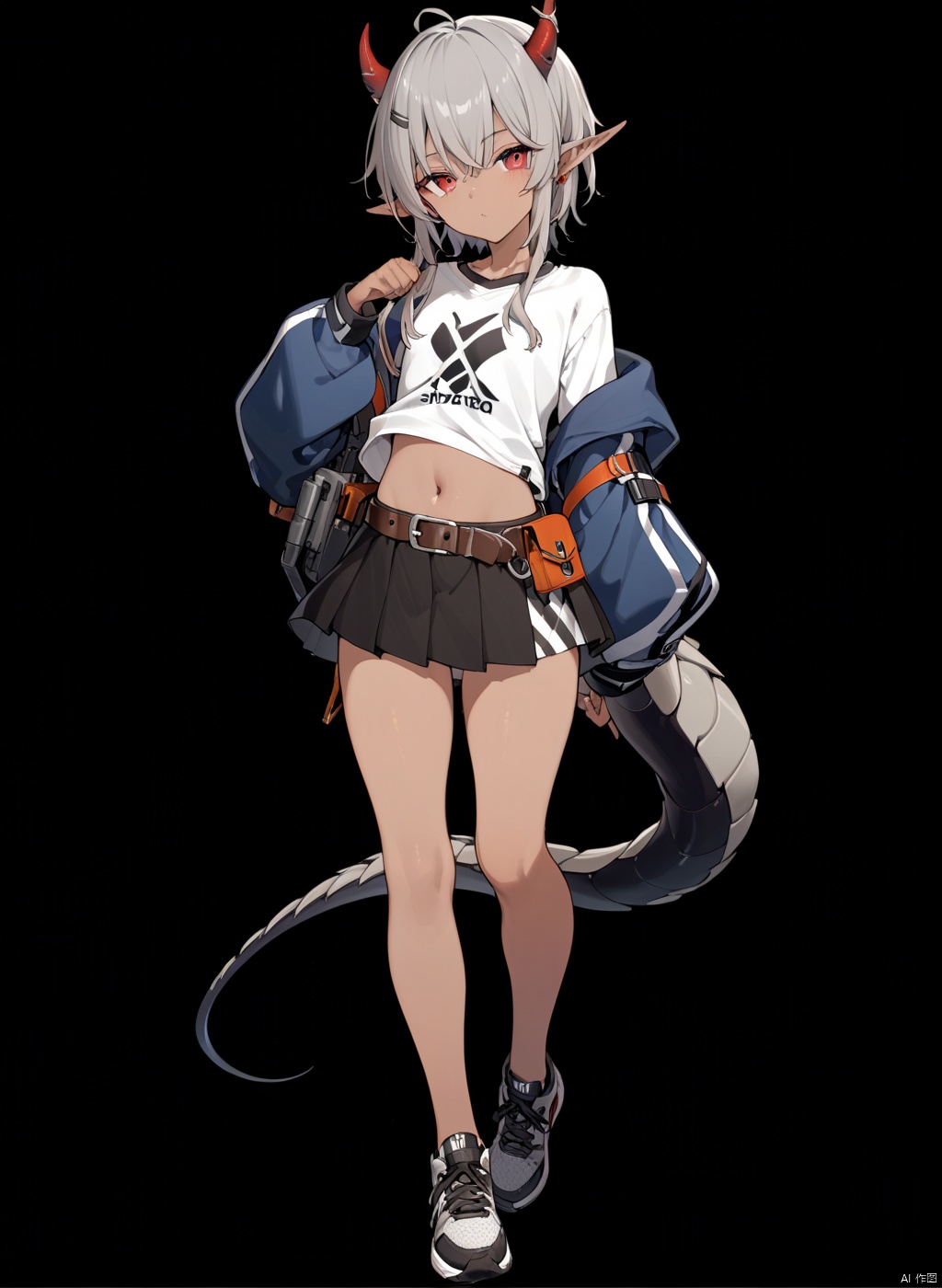  solo, (front view:1.2),shota,masterpiece, best quality,(standing:1),full body,pose,simple_white_background,

,elf,androgynous,round_face,(brown_skin:1.2),navel,
red eyes,

skin-coveredhorns,horns,machinery tail,front 
 forehead horns,

gray hair,short hair with long locks,sidelocks,

sneakers,big long sleeves,Short shirt,skirt,belt

