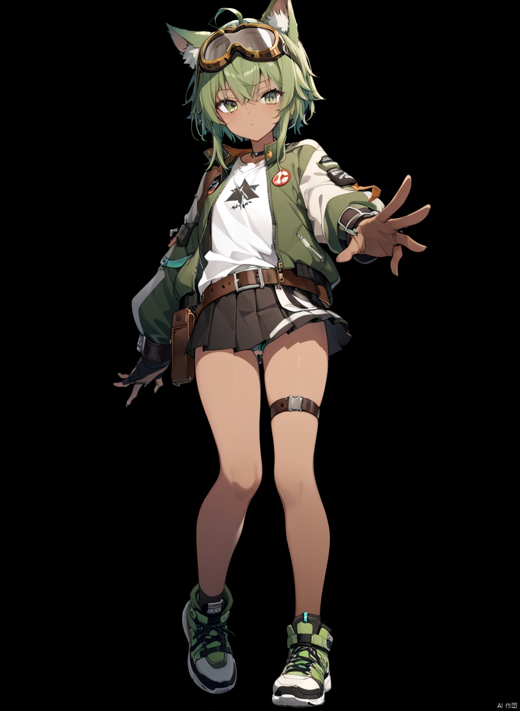  solo, (front view:1.2),shota,masterpiece, best quality,(standing:1.15)
,full body,pose,simple_background, black_background,

,androgynous,round_face,(brown_skin:1.5),,
eyes,(cool:1.1),cool,

,wolf ears,
green hair,(short hair with long locks:1.1),sidelocks,ahoge,
short hair,

leg belt,hair_pin,bow, big Zipper head,big Screw, leather goggles,goggles on head, glove,

sneakers,dark Pleated skirt,belt,stockings,

white shirt,big green flight jacket, anime,