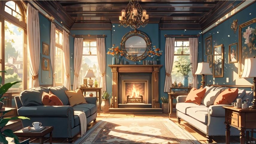 cozy animation scenes,fantasy,(Victoria:1.2),no humans, indoors,london,Middle Ages,classical,living room,fireplace,curtains,window,door