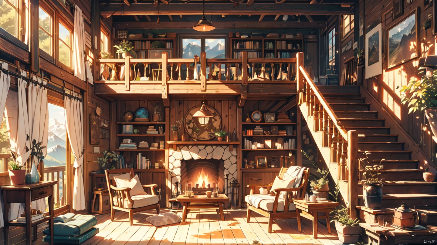  cozy animation scenes,fantasy,no humans, indoors,Middle Ages,classical,living room,balcony,
mountain,forest,

(Stone fireplace:1.15),curtains,Wooden window,door,log cabin,Wooden bookshelf,Wooden chair,Wooden tea table,Wooden wall,1 pendant,books,staircase,Wooden photo frame