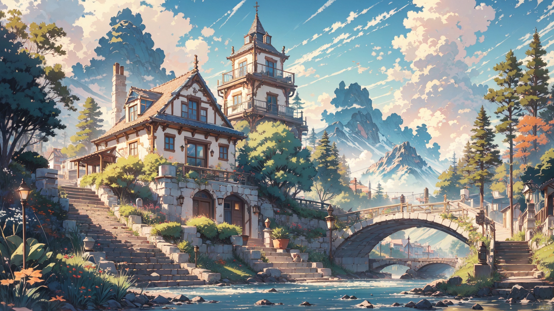  (masterpiece:1.2), best quality,UE5,scenery,(no humans:1.2), Anime, multi-layered composition,
 
cloud, sky, outdoors, day, cloudy sky, fantasy, stairs, blue sky,mountain, door,grassland, bridge, 2D ConceptualDesign, blue archive background, cozy animation scenes