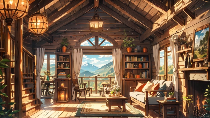  cozy animation scenes,fantasy,no humans, indoors,Middle Ages,classical,living room,balcony,
mountain,forest,

(Stone fireplace:1.15),curtains,Wooden window,door,log cabin,Wooden bookshelf,Wooden chair,Wooden tea table,Wooden wall,1 pendant,books,staircase,Wooden photo frame,attic
