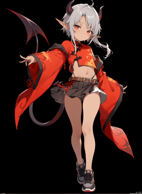 solo, (front view:1.2),shota,masterpiece, best quality,(standing:1),full body,pose,simple_background,

,elf,androgynous,round_face,(brown_skin:1.2),navel,
red eyes,

devil_horns,small devil tail,devil,

gray hair,(parted bangs:1.2),short hair with long locks,sidelocks,

sneakers,skirt,belt,chinese_clothes,big sleeves
