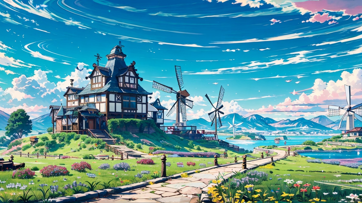  (masterpiece:1.2), best quality,UE5,scenery, cloud, sky, outdoors, day, architecture, cloudy sky, building, fantasy, stairs, city, blue sky, Anime,grass mountain, door,grassland, castle, one house, chimney, windmill,no humans, blue archive