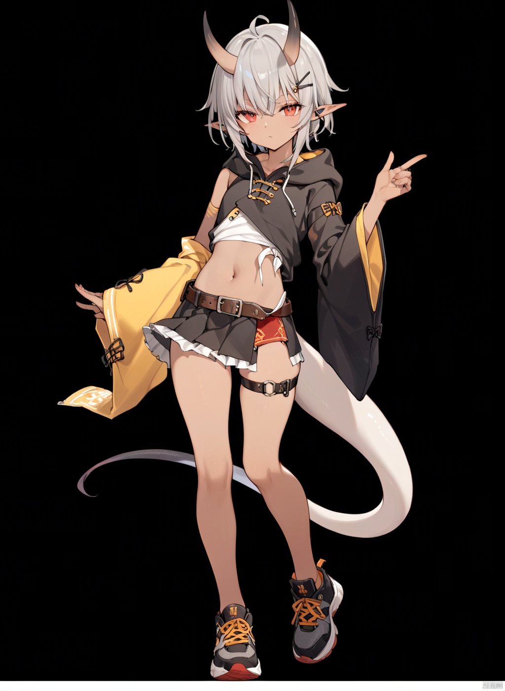  solo, (front view:1.2),shota,masterpiece, best quality,(standing:1),full body,pose,simple_background,black_background,

,elf,androgynous,round_face,(brown_skin:1.3),navel,
red eyes,

,loong tail,oni,skin-covered horns,dragon_horns,

gray hair,short hair with long locks,sidelocks,

leg belt,bow,hair_pin,
sneakers,skirt,belt,(chinese_clothes:0.8),big sleeves,no sleeve Hoodies,(Individual sleeve:1.1),
