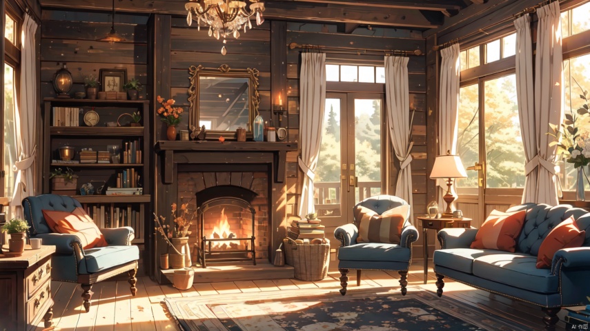  cozy animation scenes,fantasy,(Victoria:1.2),no humans, indoors,london,Middle Ages,classical,living room,

Stone fireplace,curtains,window,door,log cabin,Wooden bookshelf,Wooden chair,Wooden tea table,1 Crystal chandelier