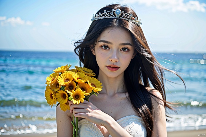  masterpieces, best quality, solo focus, a noble goddess of spring, half body, wearing a beautiful long dress, deliacte face, smell the flowers, holding a branch of wild flowers, wearing a crown of flowers, magic and mystery, simple background, beach,waterwave, eluosi, TT, background