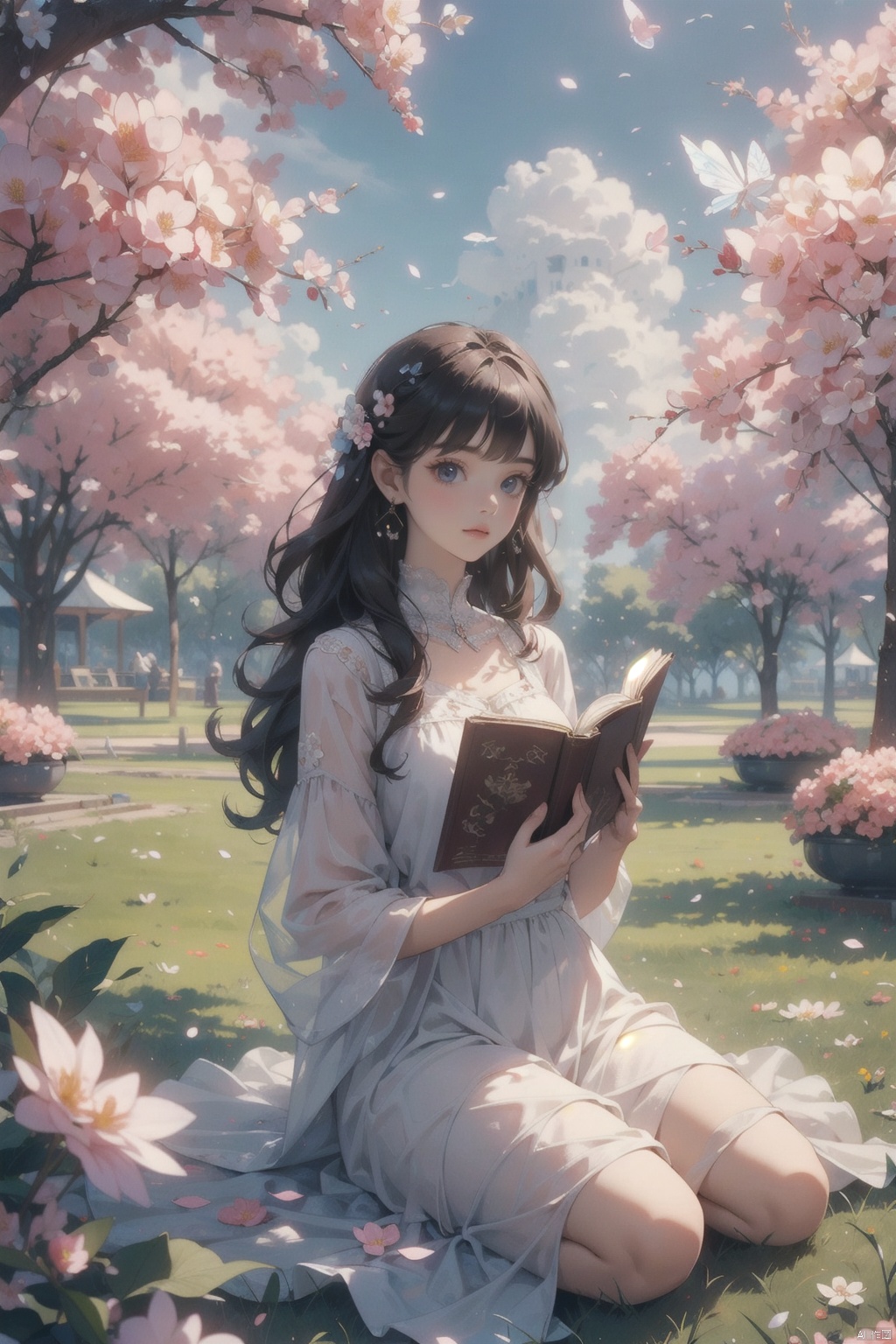  masterpiece,best quality,4k, panorama,a girls, solo focus, long hair, casual clothes,dress, earings, sitting on ground, under a tree, outside, reading a book, spring park, deep of field, modern style, fruits, stuffed toys, ((carpet)) , beautiful flowers, petals fluttered down from the sky,  spring, cozy animation scenes, colors