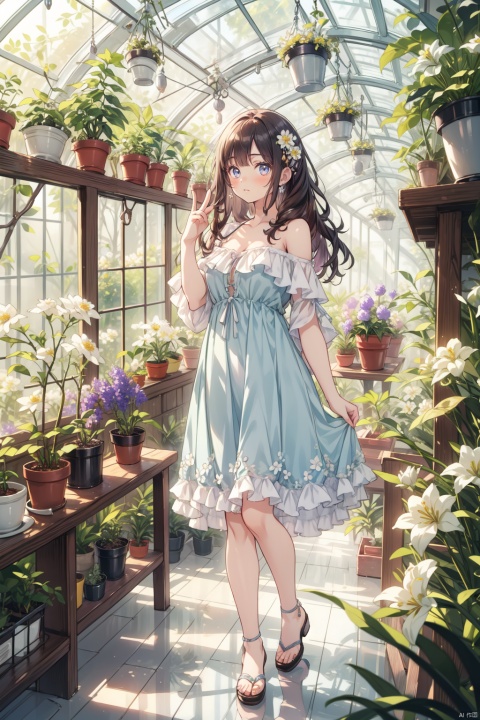  masterpiece, panorama,1 girl, solo_focus, long curly hair, peace expression, perfect body, light blue dress,off shoulder,  beautiful lace decoration on dress, hair ornament, Holding a bunch of flowers,  a delicate greenhouse, glass roof, wood floors, deep of field, wooden shelves covered with potted plants, colorful flowers,lily of the valley, rose, daisy, lily,lavender, spring, flowers, backlight, mLD, Glass flower room, nai3, (\ji jian\), cozy anime