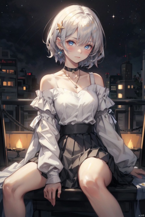  masterpiece, 4k,1girl, dance, Fairy, crystal, jewels,Holy Light, solo,looking at viewer, blush, bangs, blue eyes, hair ornament, long sleeves, hair between eyes, jewelry, sitting,  closed mouth, short hair, earrings, choker, necklace, star \(symbol\), sleeves past wrists, black choker,  puffy long sleeves, star hair ornament,angel, star earrings, necklace,pleated skirt, ribbon, outside, city background, mLD, miji, nai3, Occupation_Therapists,Occupation_Therapists_pastor, Light master, Lolita