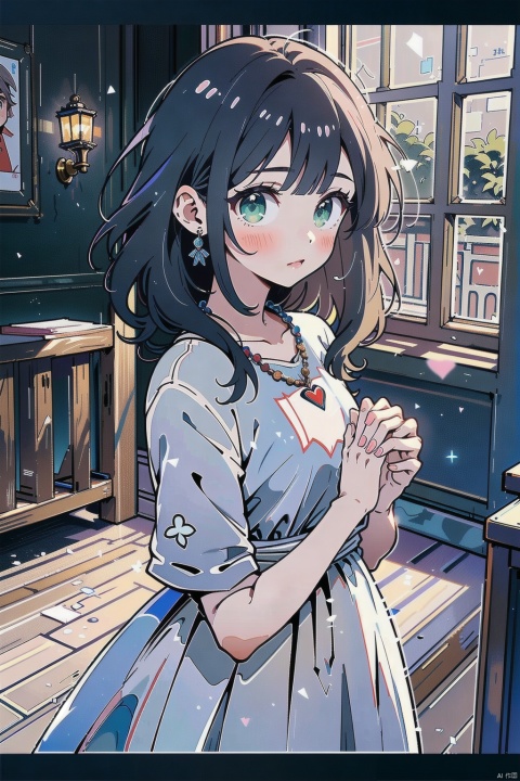 masterpiece, best quality, an extremely delicate and beautiful girl, perfect anatomy, green eyes, soft lighting, perfect hands, perfect fingers, white long hair, magic dress, chain, necklace,focus on viewer, hola,  huliya, cozy anime