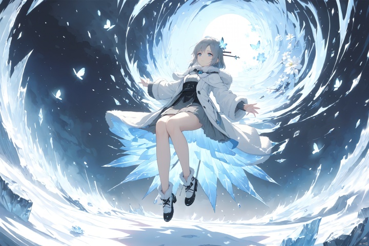  (masterpiece), (best quality), illustration, ultra detailed, hdr, Depth of field, a suspended girl, full body, with magic,focus, masterpiece, solo, gradient background, winter, best quality, star, Through the mottled light and shadow of snow, deep night, wind, flying butterfly, flying white flowers, ice flower, big moon, 1 girl, Beautiful and meticulous eyes, small breast, beautiful detailed,fur collar dress, a sweater coat,Grey gradient hair Blue highlights, hairpin, hime_cut, long sleeves ,sigh, strong rim light, anime screenshot, Bust, solo focus, extremely detailed wallpaper, Personage as the main perspective, intense shadows, cinematic lighting, depth of field, painting, texas \(arknights\), girl