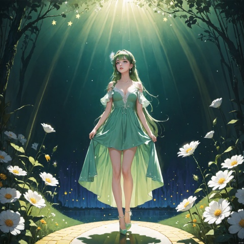  (masterpiece), (best quality), illustration, ultra detailed, depth of field, outside garden, a suspended girl, masterpiece,gradient background, best quality, star, floating white flowers, 1 girl,looking away, Beautiful and meticulous eyes, middle breast, beautiful detailed,off shoulder, a light green dress, long hair, headband, earring, full body, hands behind body, extremely detailed wallpaper,intense shadows, cinematic lighting, depth of field, Wizard of Oz, painting, Dingdall effect