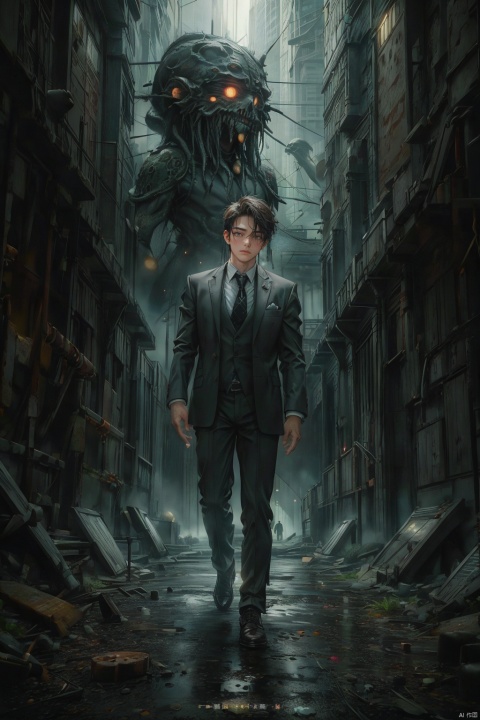  masterpiece,high quality, (boy), depth of field,Cthulhu-style wilderness, young male,tall, solo, full body, perfect body, beautiful eyes, short hair, detailed face description,handsome, secret agent, super spy, ((long leg)), (standing), brown suit, dark Flower tie, confident expression, photography, modern design, desserted city, depth of field, ghost, deep shadow,solo male,Multi energy text,1boy,Energy pairing,  Glowing Text,恐怖