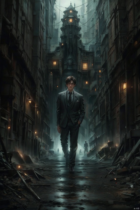  masterpiece,high quality, (boy), depth of field,Cthulhu-style wilderness, young male,tall, solo, full body, perfect body, Full of loneliness and fear, cover his face with hands, fear, short hair, detailed face description,handsome, secret agent,  ((long leg)), (standing alone), brown suit, fear expression, alone,photography, modern design, desserted city, depth of field, ghost, deep shadow,solo male,Multi energy text,1boy,Energy pairing,  Glowing Text,恐怖