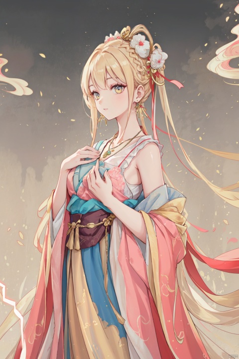  1girl,Bangs, off shoulder, colorful_hair, ((colorful hair)),golden dress, yellow eyes, chest, necklace, pink dress, earrings, floating hair, jewelry, sleeveless, very long hair, looking at the observer, parted lips, energy, electricity, magic, sssr, blonde hair, jujingyi, wangyushan, dofas, 1 girl, yue, hair ornament , hanfu, ((poakl))