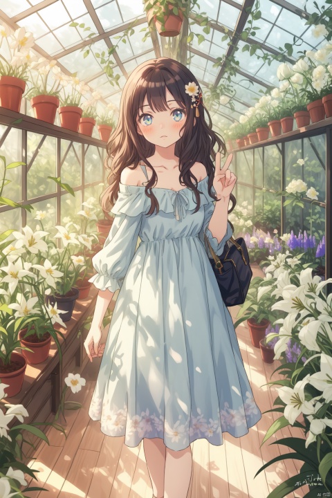  masterpiece, panorama,1 girl, solo_focus, long curly hair, peace expression, perfect body, light blue dress,off shoulder,  beautiful lace decoration on dress, hair ornament, Holding a bunch of flowers,  a delicate greenhouse, glass roof, wood floors, deep of field, wooden shelves covered with potted plants, colorful flowers,lily of the valley, rose, daisy, lily,lavender, spring, flowers, backlight, mLD, Glass flower room, nai3, (\ji jian\), cozy anime