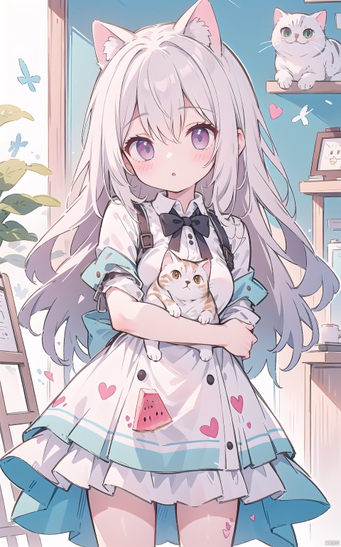 a girl wearing dress, holding 1cat with her arms,lovely,meloncat,suit,hand paint