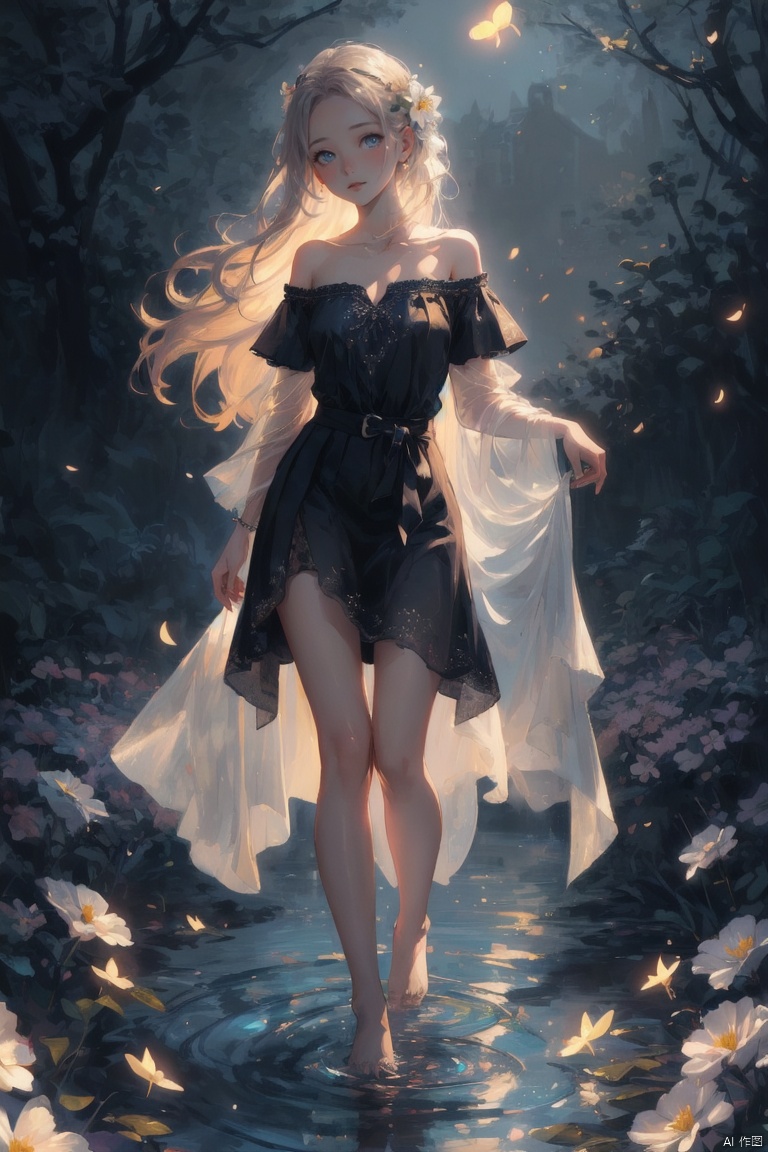  (masterpiece), (best quality), illustration, ultra detailed, soft light, Depth of field, a girl, full body, solo focus, masterpiece, gradient background, summer night, best quality, star,wind, flying flowers,colorful flowers, fireflies,1 girl, long hair, Beautiful and meticulous eyes, small breast, beautiful detailed,off shoulder, beautiful dress,perfect hand,  bare feet, step in water, solo focus, extremely detailed wallpaper,cinematic lighting, girl, Hazy light,Floodlight,Purity Portait, Gauze Skirt, Light master