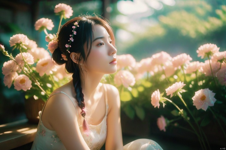  breathtaking ethereal fantasy concept art of cinematic film still,chinese girl,a girl with pink hair sitting on the bench filled with flowers,art by Rinko Kawauchi,in the style of naturalistic poses,vacation dadcore,youth fulenergy,a cool expression,body extensions,flowersin the sky,****og film,super detail,dreamy lofi photography,colourful,covered in flowers andvines,Inside view,shot on fujifilm XT4 . shallow depth of field,vignette,highly detailed,high budget,bokeh,cinemascope,moody,epic,gorgeous,film grain,grainy . magnificent,celestial,ethereal,painterly,epic,majestic,magical,fantasy art,cover art,dreamy,monkren, . award-winning, professional, highly detailed, light master, monkren, sunlight, liu yifei,小女孩, WJweiF