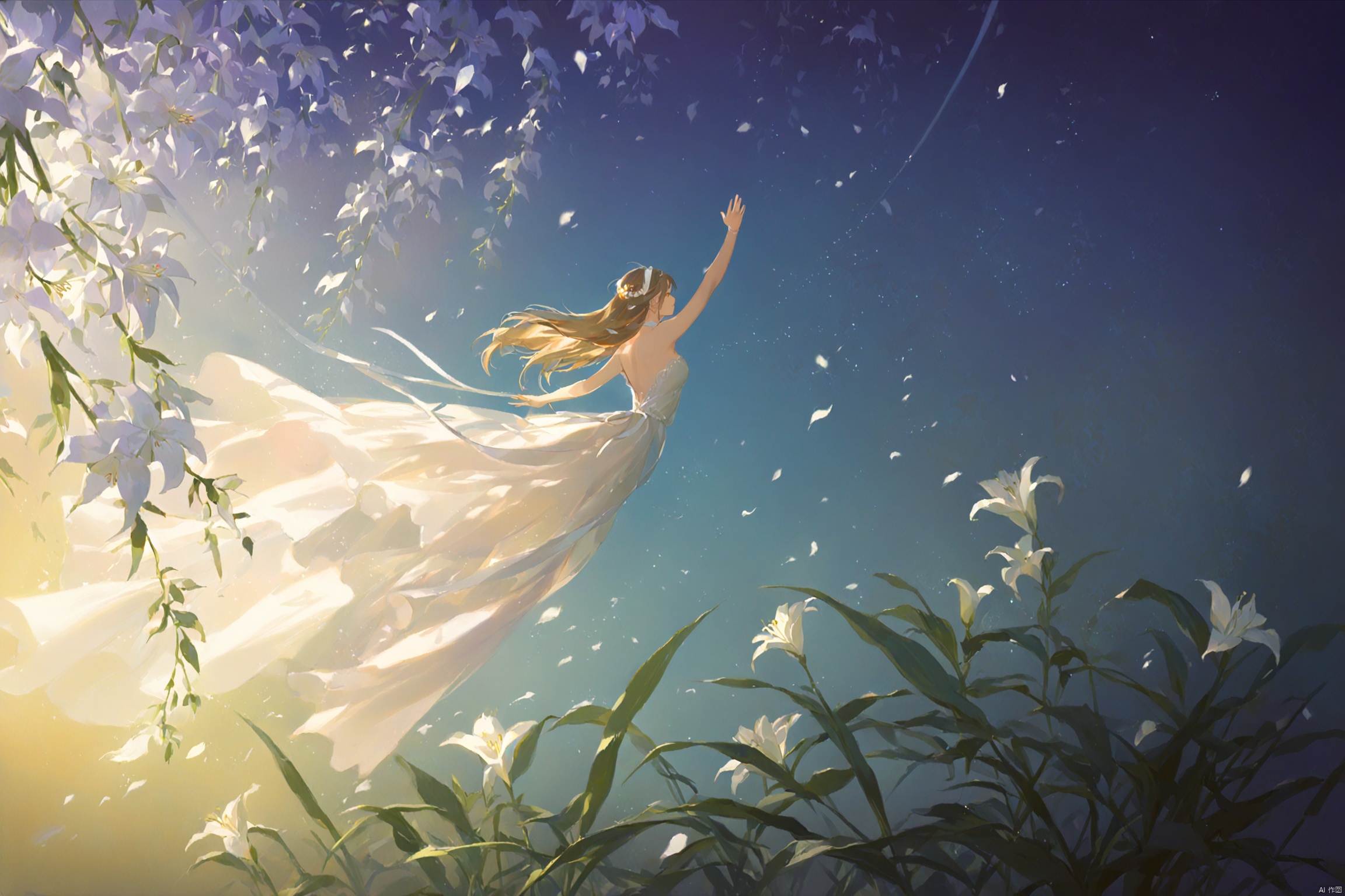  (masterpiece), (best quality), illustration, ultra detailed, depth of field, outside garden, a suspended girl, masterpiece,gradient background, best quality, star, floating flowers, 1 girl,looking away, Beautiful and meticulous eyes, middle breast, beautiful detailed,off shoulder, delicate dress, long hair, headband, earring, full body, raise hands up to catch the falling petals, extremely detailed wallpaper,intense shadows, cinematic lighting, depth of field,goddess of summer,rose,lily, painting, Dingdall effect