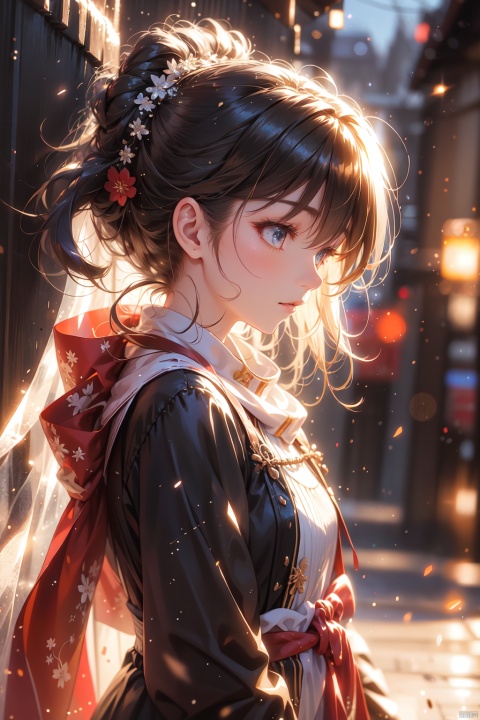  1girl, black_coat, black_hair, blurry, blurry_background, blurry_foreground, bokeh, city_lights, coat, depth_of_field, from_side, jacket, lens_flare, long_hair, long_sleeves, looking_away, motion_blur, outdoors, scarf, snow, snowing, solo, upper_body, (\shen ming shao nv\)