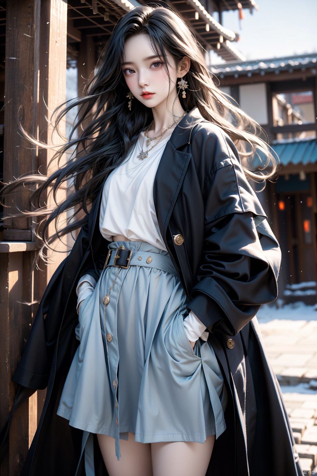  masterpiece, best quality,1girl,solo focus,standing in front of a building, black hair, wearing a necklace, delicate face, beautiful eye, long coat,blue short skirt,snap-fit buckle,close-up,hand in pocket, dofas