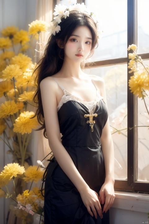  Enhanced, masterpiece, 16K, realistic, girl, solo focus, delicate face, long hair,Garland headdress, wearing black dress, diamond necklac, standing beside the window, surrounded by flowers, rape flower,perfect hands, huliya, windowsill, Ancient China_Indoor scenes, BAINV,  yifu, yuyao