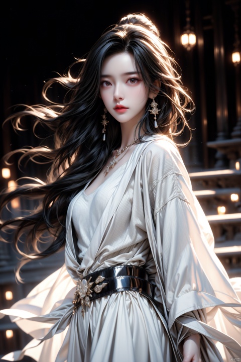  masterpiece, best quality,1girl,solo,standing, looking away,  a haughty look, black long hair, wearing a necklace, delicate face, beautiful eyes, mouth close, tube top,light chiffon dress, sweater coat,diamond belt, metal clasp,close-up, yifu