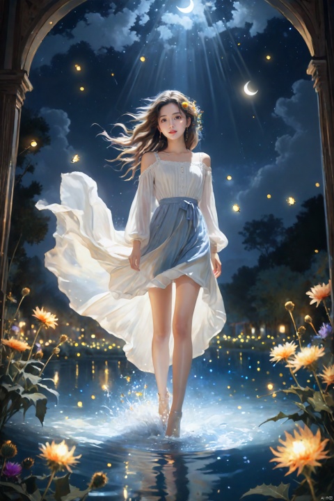  (masterpiece), (best quality), illustration, ultra detailed, hdr, Depth of field, a girl, full body, magic, solo focus, masterpiece, gradient background, summer, best quality, star, deep night, wind, flying flowers,colorful flowers, fireflies, crescent moon, 1 girl, thistle long hair, Beautiful and meticulous eyes, small breast, beautiful detailed,off shoulder, casual clothes, long_sleeve ,perfect hand, strong rim light, anime screenshot, bare feet, step in water, solo focus, extremely detailed wallpaper,cinematic lighting, painting, girl, glow, Hazy light,Floodlight, NVZ, (\shen ming shao nv\)