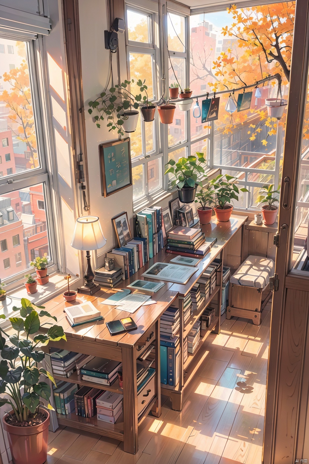  masterpiece, best quality, Best picture quality, best quality, official art, yinyou,
tongxin ,medium scene,indoor scene, floor-to-ceiling window (in the middle of the picture),in the window, a desk is placed across the window,A girl was writing on the table, books are placed on the desk, desk lamp (desk lamp is on) (warm light), green potted plants, background ,outside the window is yard, winter appearance, bare branches,the whole picture of warm orange light.