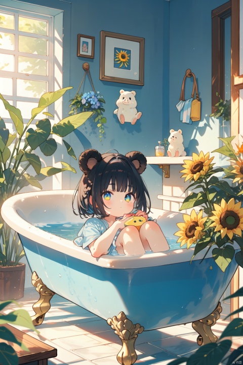  A picture of a little girl in a bathtub, surrounded by flowers and sunflowers, the picture has a Little Bear, a little rabbit, two little pigs blue flowers, flowers, stars, sunflowers, yellow Lily of the valley., (\ji jian\), (\MBTI\), (/qingning/), mpaidui, (\shen ming shao nv\), cozy animation scenes, cozy anime, nai3
