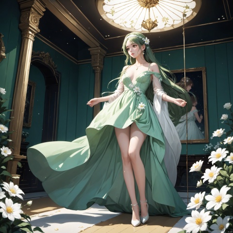  (masterpiece), (best quality), illustration, ultra detailed, depth of field, outside garden, a suspended girl, masterpiece,gradient background, best quality, star, floating white flowers, 1 girl,looking away, Beautiful and meticulous eyes, middle breast, beautiful detailed,off shoulder, a light green dress, long hair, headband, earring, full body, hands behind body, extremely detailed wallpaper,intense shadows, cinematic lighting, depth of field, painting, Dingdall effect