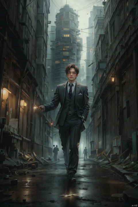  masterpiece,high quality, (boy), depth of field,Cthulhu-style wilderness, young male,tall, solo, full body, perfect body, beautiful eyes, short hair, detailed face description,handsome, secret agent, super spy, ((long leg)), (standing), brown suit, dark Flower tie, confident expression, photography, modern design, desserted city, depth of field, ghost, deep shadow,solo male,Multi energy text,1boy,Energy pairing,  Glowing Text,恐怖