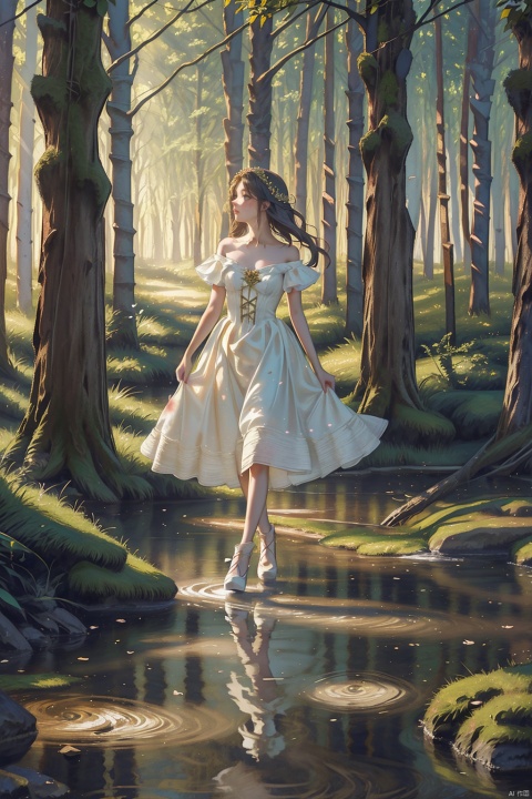 watercolor,  (masterpiece), (best quality), (illustration),(1girl:1.5),(solo:1.5), an extremely delicate and beautiful girl, cute,dress, Fairy tales, Robins, maidens walking in the forest, singing, light skirt, the goddess of spring,path made of stone, soft light, light passes through the trees, dundar,A forest stream, clear water