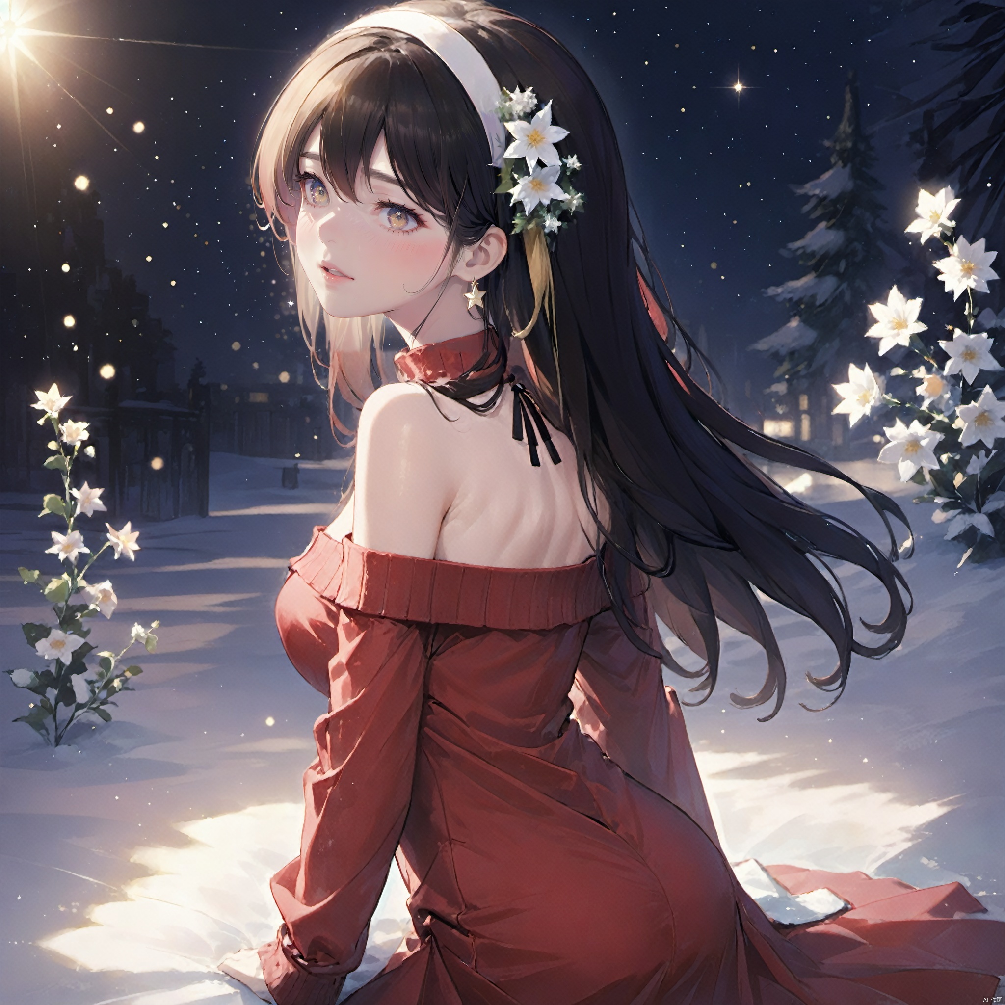  (masterpiece), (best quality), illustration, ultra detailed, hdr, Depth of field, a suspended girl,  masterpiece, solo, gradient background, winter, best quality, star, Through the mottled light and shadow of snow, deep night, wind, flying butterfly, flying white flowers, ice flower,1 girl,looking away, Beautiful and meticulous eyes, middle breast, beautiful detailed,off shoulder, a red dress, black hair, headband, earring, long sleeves ,sigh, strong rim light, anime screenshot, Bust, solo focus, extremely detailed wallpaper, Personage as the main perspective, intense shadows, cinematic lighting, depth of field, painting, texas \(arknights\), girl