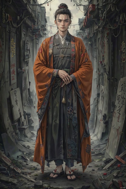  masterpiece,high quality, (boy), depth of field,Cthulhu-style wilderness, young male,tall, solo, full body, perfect body, black long hair, detailed face description,handsome, secret agent, chines Exorcist, ((long leg)), (standing alone), orange Taoist robe, confident and determined expression, photography, modern design, desserted city, depth of field, ghost, deep shadow,solo male,Multi energy text,1boy,Energy pairing, GlowingText,恐怖, gloomy