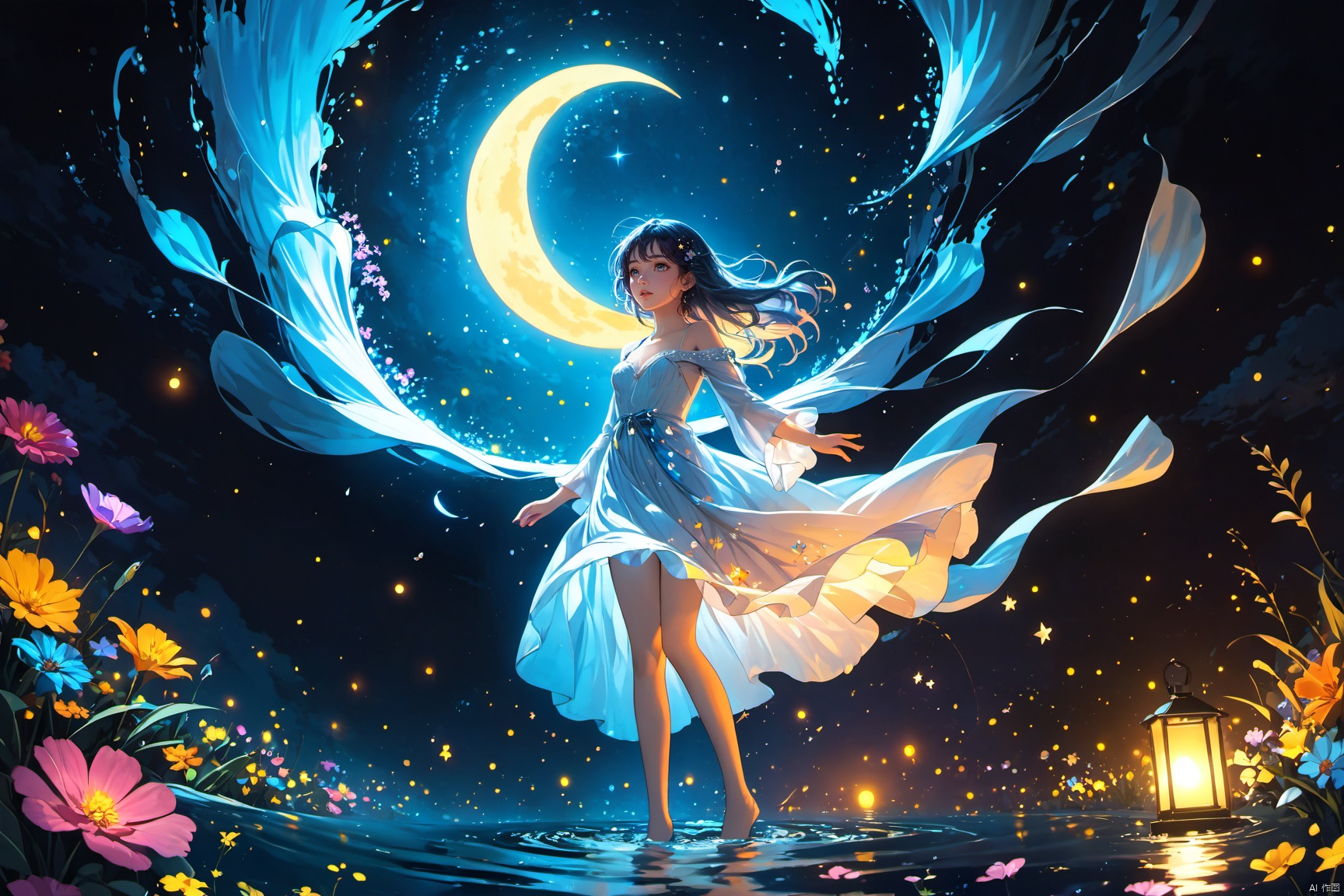 (masterpiece), (best quality), illustration, ultra detailed, hdr, Depth of field, a girl, full body, magic, solo focus, masterpiece, gradient background, summer, best quality, star, deep night, wind, flying flowers,colorful flowers, fireflies, crescent moon, 1 girl, blue long hair, Beautiful and meticulous eyes, small breast, beautiful detailed,off shoulder, beautiful dress,long sleeves ,perfect hand, strong rim light, anime screenshot, bare feet, step in water, solo focus, extremely detailed wallpaper,cinematic lighting, painting, girl, glow, Hazy light,Floodlight