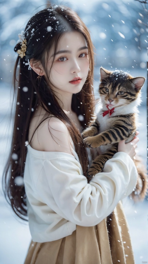 best quality,masterpiece, happy new year, 1 girl, solo, beautiful face, perfect skin, snow, holding cute animals in her arms, girl enjoying the happiness brought by the festival, colorful, goddess, xiqing, dofas