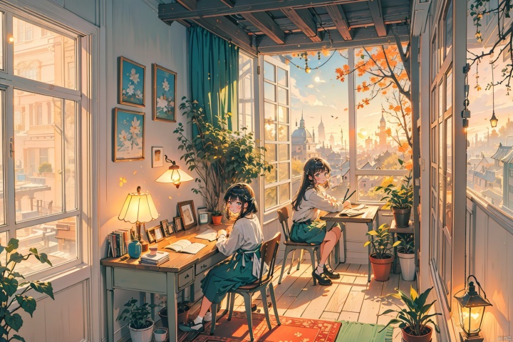  masterpiece, best quality, Best picture quality, best quality, official art, yinyou,
tongxin ,medium scene,indoor scene, floor-to-ceiling window (in the middle of the picture),in the window, a desk is placed across the window,A girl was writing on the table, books are placed on the desk, desk lamp (desk lamp is on) (warm light), green potted plants, background ,outside the window is yard, winter appearance, bare branches,the whole picture of warm orange light., cozy animation scenes