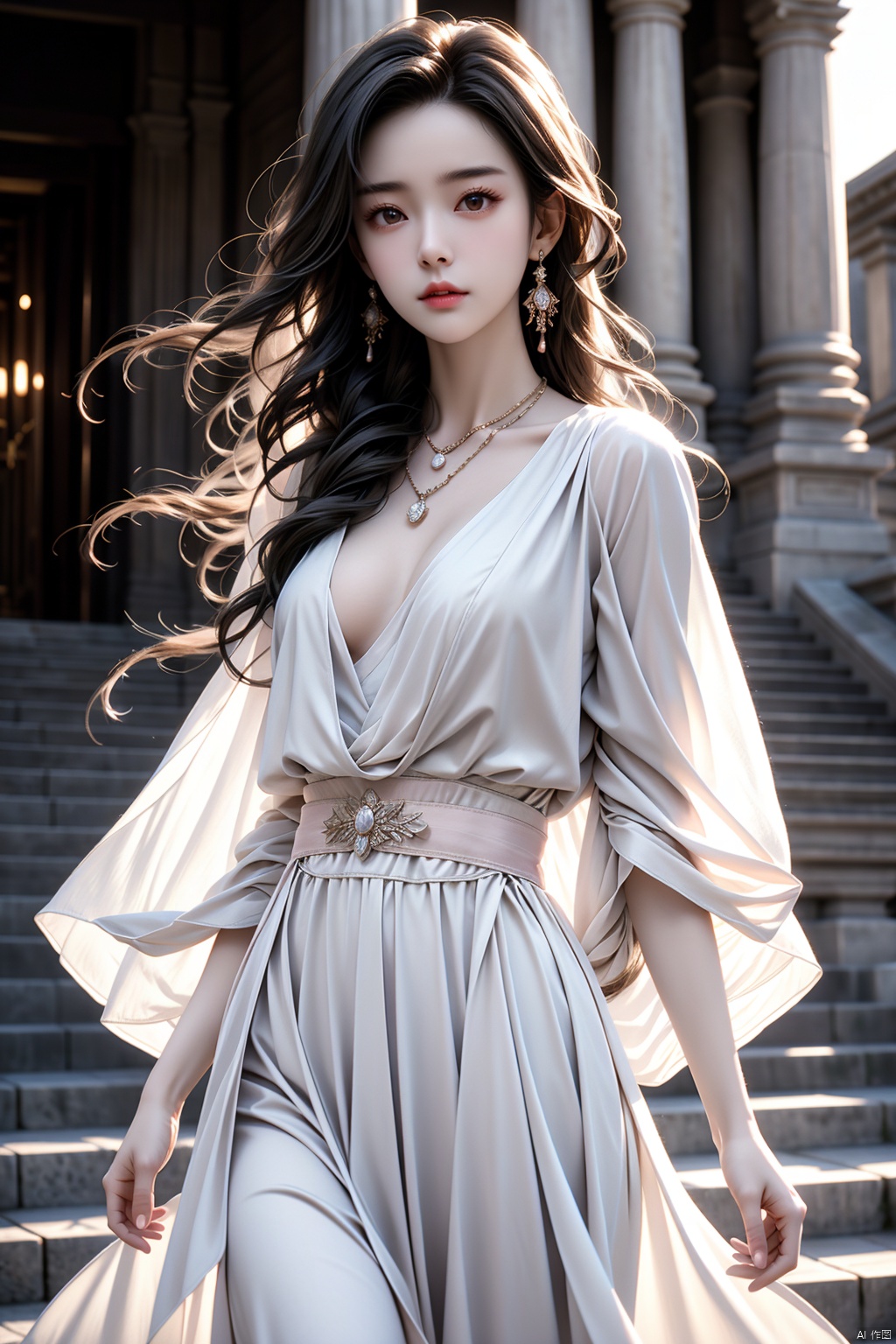  masterpiece, best quality,1girl,solo focus,standing, looking at viewer, black long hair, wearing a necklace, delicate face, beautiful eyes, light chiffon dress, pink sweater coat,diamond belt, metal clasp,close-up, yifu